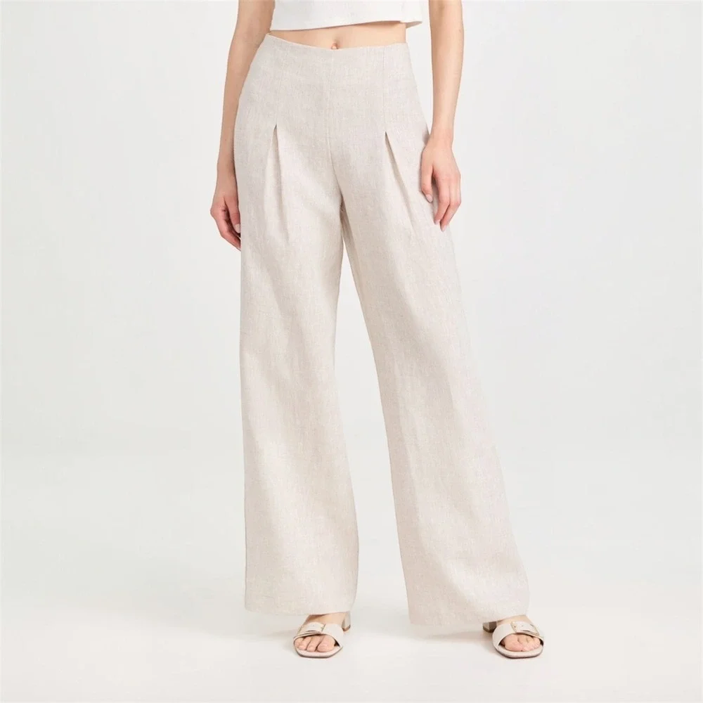 REFORMATION Cleo Linen Pleated Wide Leg Trouser Pant in Oatmeal